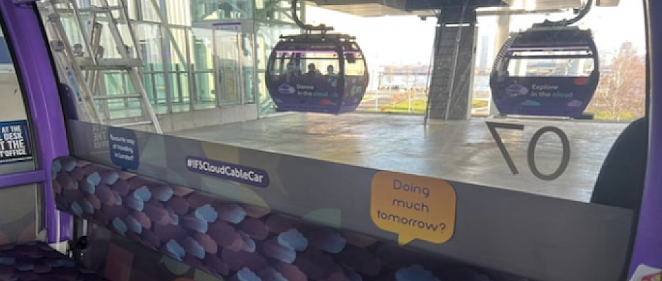 Several of the cabins on the IFS Cloud Cable Car have been wrapped as ‘Chatty Cabins’ to encourage Londoners